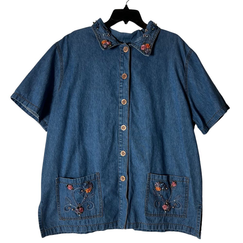 Monique‎ Fashions Vintage Denim Shirt Flowers Pearls Granny Chic Cottage Core